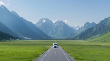 A white RV is driving down a foggy mountain road