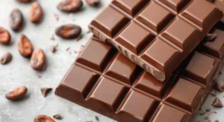 Fototapeta premium Dark Chocolate Bars With Cocoa Nibs And Powder On A Rustic Table