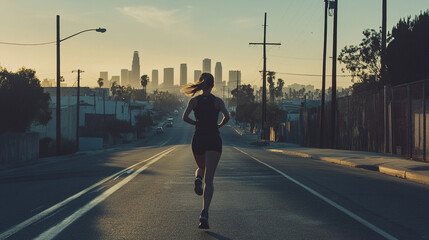 A female woman marathon runner with pony tail training running in the street in LA