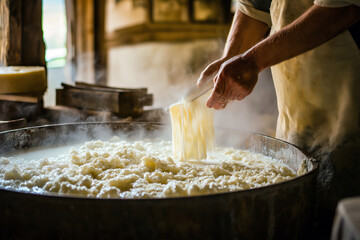 Traditional cheese-making process with a cheesemaker stirring curds in a large vat, in a rustic farmhouse kitchen.