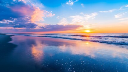 Beautiful beach sunset with a blue sky and ocean wave