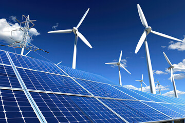 An image portraying solar panels on rooftops and wind turbines on hills, exemplifying the concept of harnessing natural resources to generate clean and sustainable energ