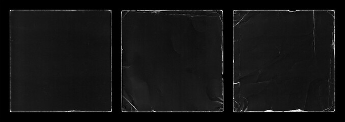 Set of Old Vinyl CD Record Cover Package Envelope Template Mock Up. Black Scratched Shabby Paper Cardboard Square Texture. 