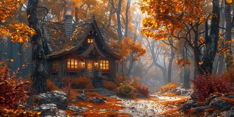 Rustic autumn cabin for National Cabin Day, November 14th, cozy retreat, autumn landscape, warm ambiance