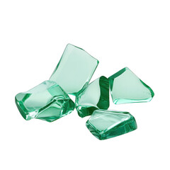 Collection of shattered green glass pieces scattered on a white background, showcasing their unique shapes and textures. transparent background