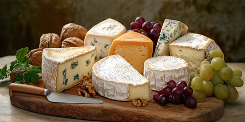 Variety of artisanal cheeses arranged on a wooden board with grapes, nuts, and a cheese knife, ready for a gourmet tasting.