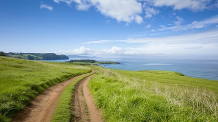 Obraz premium A road winds its way up a hillside, leading to a beautiful ocean view