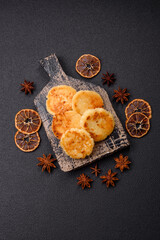 Delicious fresh sweet cheese pancakes with raisins and cinnamon