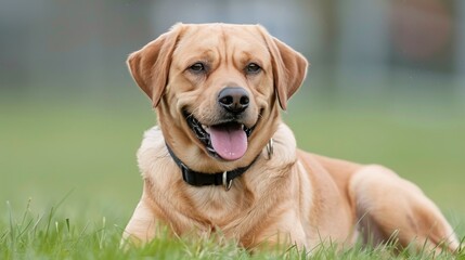 Happy Labrador Retriever Relaxing On Green Grass In A Sunlit Park