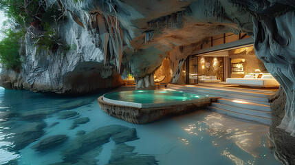 luxury resort in cave with blue ocean water seascape view
