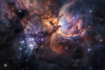 Colorful and detailed image of a nebula in deep space with bright stars and glowing gas clouds.