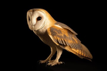 Photo of a barn owl isolated against a black background, emphasising the barn owl's majestic features. Wildlife and conservation concept, space for copy.