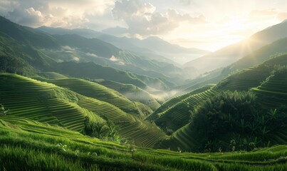 Fototapeta premium Serene rice terraces in a lush valley, showcasing the harmony between human cultivation and natural beauty