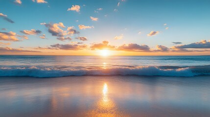 Fototapeta premium Beautiful beach sunset with a blue sky and ocean wave