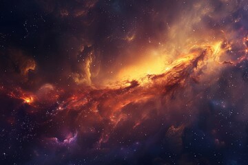 Fototapeta premium Glowing orange and purple nebula with stars in deep space