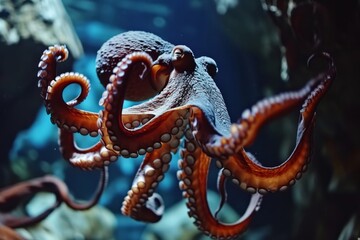 Obraz premium An image of an octopus displaying its intricate tentacles and changing colors, showcasing its mysterious and adaptive nature underwate