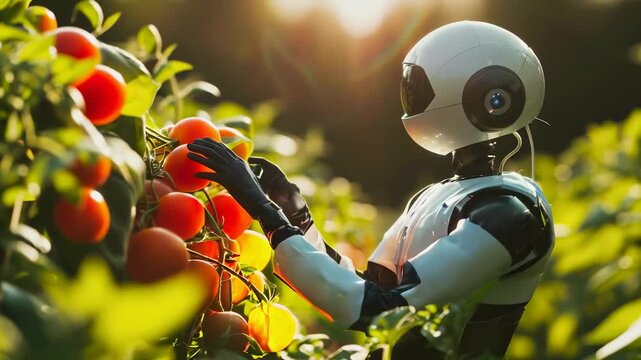 A robot meticulously picks ripe tomatoes in a sunlit garden. The scene is set in the daytime with the robot surrounded by lush green plants. The mood is serene and futuristic, showcasing advanced