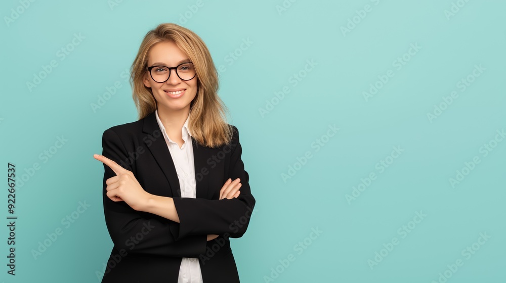 Wall mural women pointing at copy space for advertising