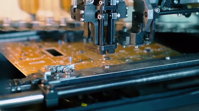 Factory Automation: Pick-and-Place Machine Installing Components on Printed Circuit Boards - 4K Resolution