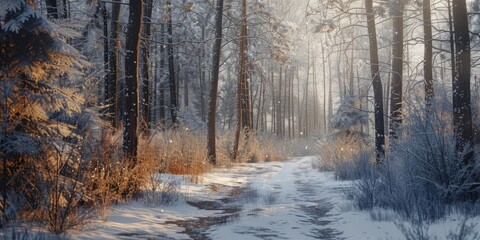 Snowy trail through a dense forest