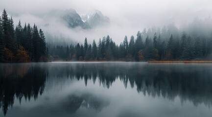 Fototapeta premium Serene Misty Morning at a Mountain Lake With Reflective Pine Trees