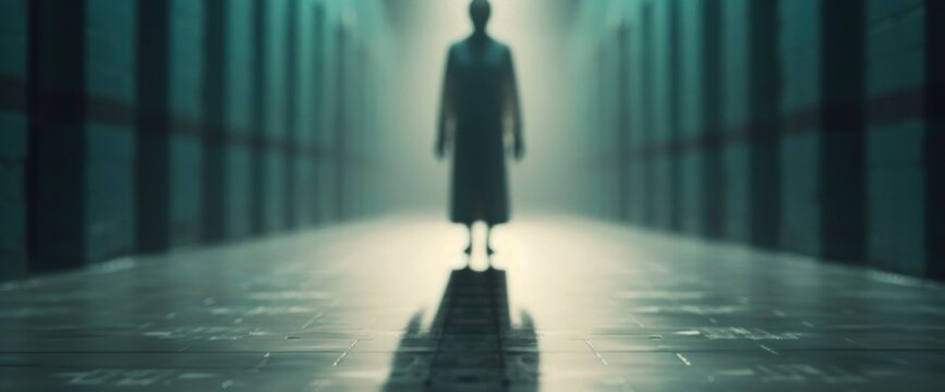 Shadowy zombie customer, ratting nearby, no text, dark lighting