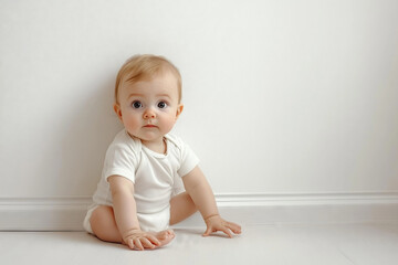 Naklejka premium A curious baby exploring a bright, minimalist room on a sunny afternoon