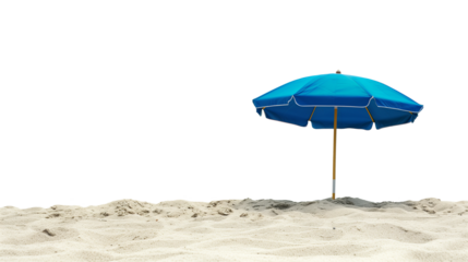 Beach blue folding umbrella with white sea sand on a transparent background. PNG image.