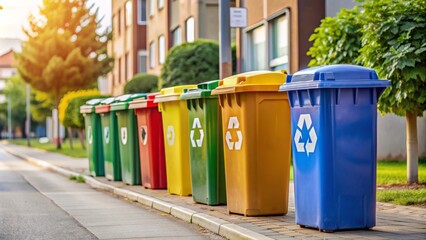 Contenedores de reciclaje de colores vibrantes alineados en una calle residencial al amanecer.