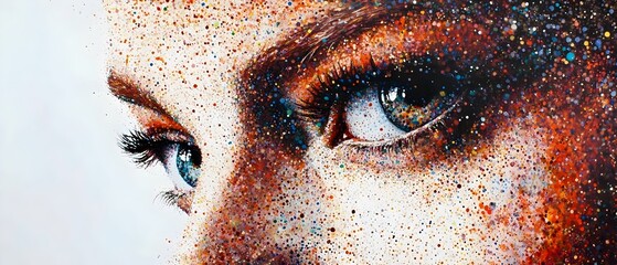 Vibrant Paint Splatter on Woman’s Face, Artistic Close-Up. Generative AI