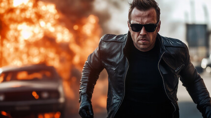 Fearless Man in Action: Escaping Exploding Car Chaos, Generative AI