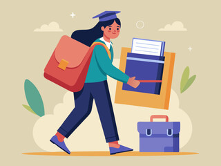 Une jeune étudiante porte un gros sac à dos représentant une dette étudiante
