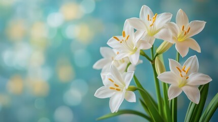 Fototapeta premium White lilies in bloom against a dreamy blue background