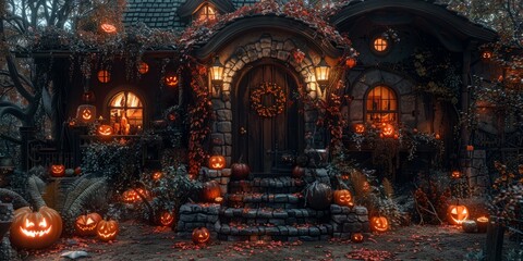 Spooky haunted house decorations for National Haunted House Day, October 29th, eerie ambiance, night setting, Halloween spirit