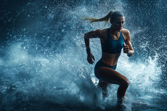 Sporty woman sprinting through water in an energetic triathlon setting at dusk