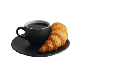 A black cup of coffee on a saucer with a croissant lying next to it on a transparent background. PNG image.