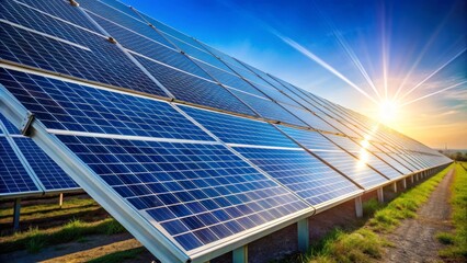 Paneles solares en un campo, capturando energía bajo la luz solar en un día despejado.