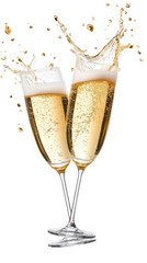 two glasses of champagne, sparkling wine, splashing isolated transparent png background