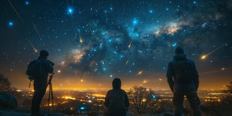 Stargazers watching meteor shower for National Astronomy Day, July 18th, clear night sky, telescopes, shooting stars