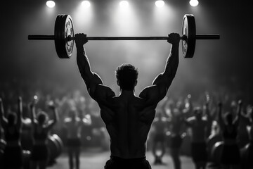 A black and white image of a muscular man lifting a heavy barbell above his head in a gym, highlighting his strength, grit, and determination amid intense workout conditions.