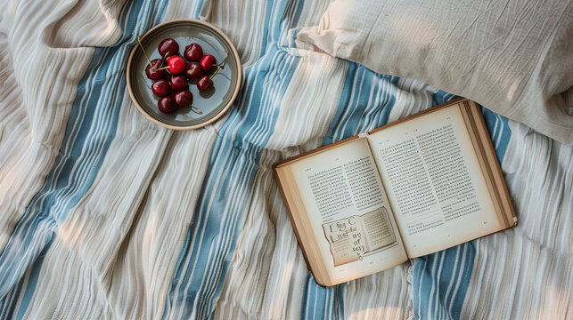 A plate with red ripe cherries next to an open book on a cozy striped beach blanket. Summer relaxation, vacation reading