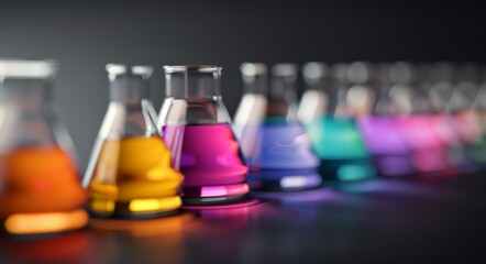 Colorful Laboratory Beakers Filled With Various Liquids in a Scientific Setup