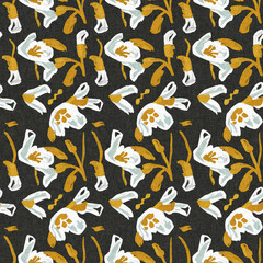 Modern printed fabric wildflower blockprint pattern with linen fabric textures. Stylized hand drawn boho dark florals for decorative design elements in repeatable background tile.