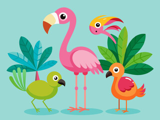 Ensemble de vecteurs flamants roses, oiseau tropical rose dessin animé, icône d’animal d’été, personnage de zoo mignon. Illustration de la faune exotique 