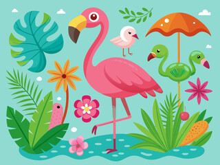 Ensemble de vecteurs flamants roses, oiseau tropical rose dessin animé, icône d’animal d’été, personnage de zoo mignon. Illustration de la faune exotique 