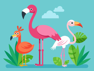 Ensemble de vecteurs flamants roses, oiseau tropical rose dessin animé, icône d’animal d’été, personnage de zoo mignon. Illustration de la faune exotique 