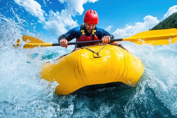 A man vigorously paddles a yellow raft through splashing water, highlighting determination, strength, and the exhilarating rush of white water rafting on a sunny day.