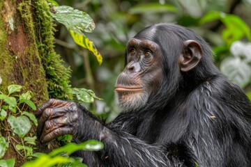 An image depicting a chimpanzee swinging through trees and interacting with its companions, displaying its playful and social behavio