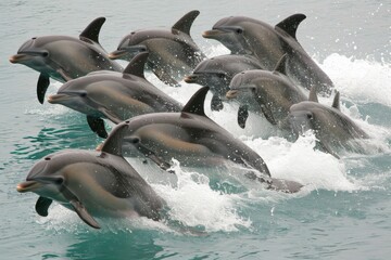 Fototapeta premium An image of a pod of dolphins leaping and playing in the waves, their joyful antics and social interactions showcasing the exuberance of marine lif