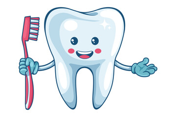 Cartoon character of a tooth with a toothbrush. Prevention, diagnosis and treatment of tooth and gum diseases. Dental hygiene and oral care. Tooth decay prevention. Health and medicine concept